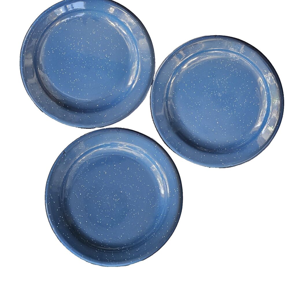 Vintage Enamelware Blue And White Speckled Plates 10 1/4” Set Of 6 *See Chip - Picture 3 of 7